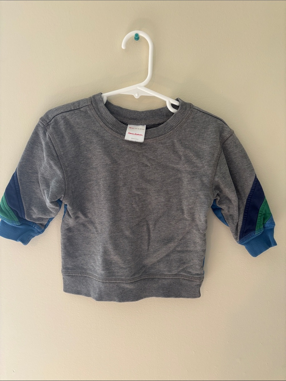 Hanna Andersson Grey Sweatshirt with Blue and Green Sleeve Panels